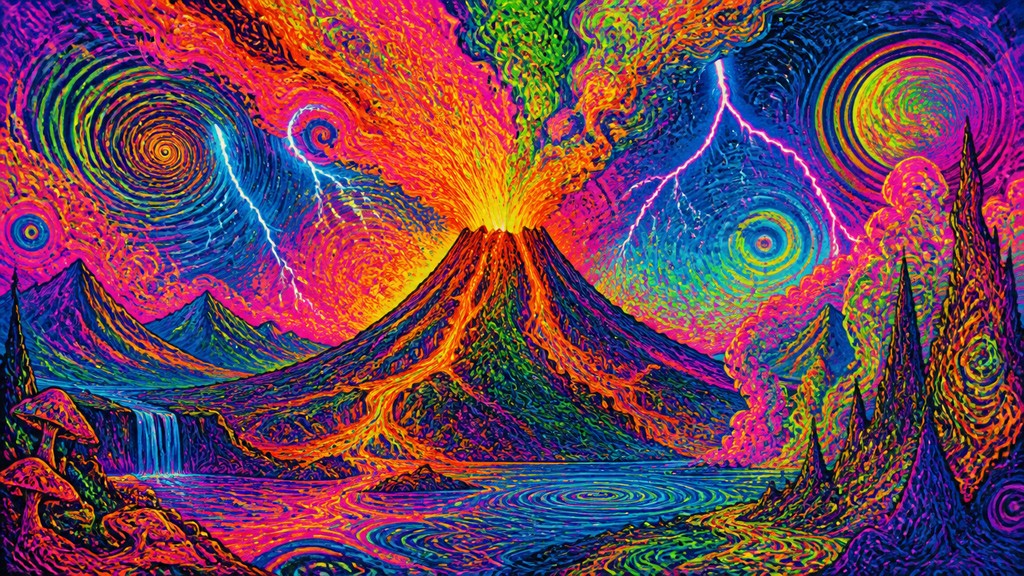 an erupting volcano with lightning strikes, dramatic wide composition, no text — Psychedelic Art Style YouTube thumbnail