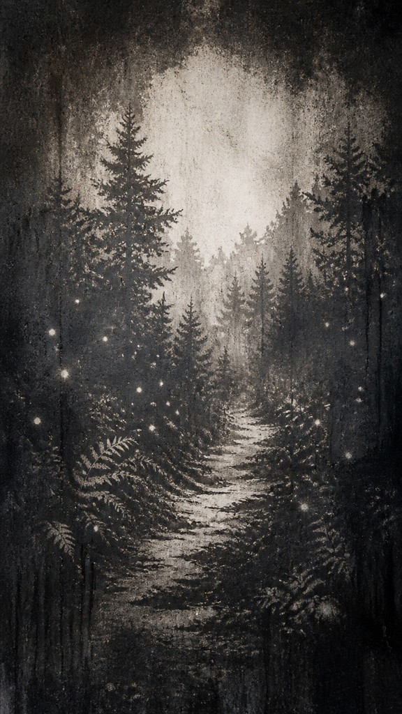 a mysterious forest path with fireflies and drifting mist, atmospheric vertical composition with open space at the top, no text — Reverse Graffiti Street Art Style book cover