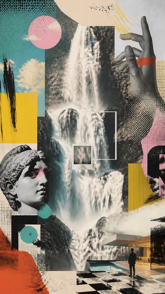 towering waterfall cascading down a cliff — Postmodernism Art Style