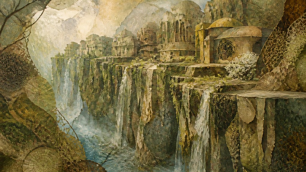 a cliffside city with waterfalls cascading into a misty canyon, wide establishing shot, no people, no text — Eco Art Style concept art