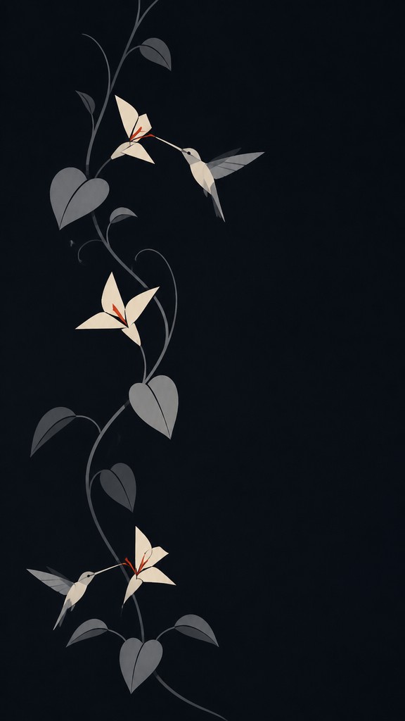 a climbing vine of flowers and hummingbirds on a dark background, tall wrapping composition, no text — Minimalist Abstract Art Style phone case design