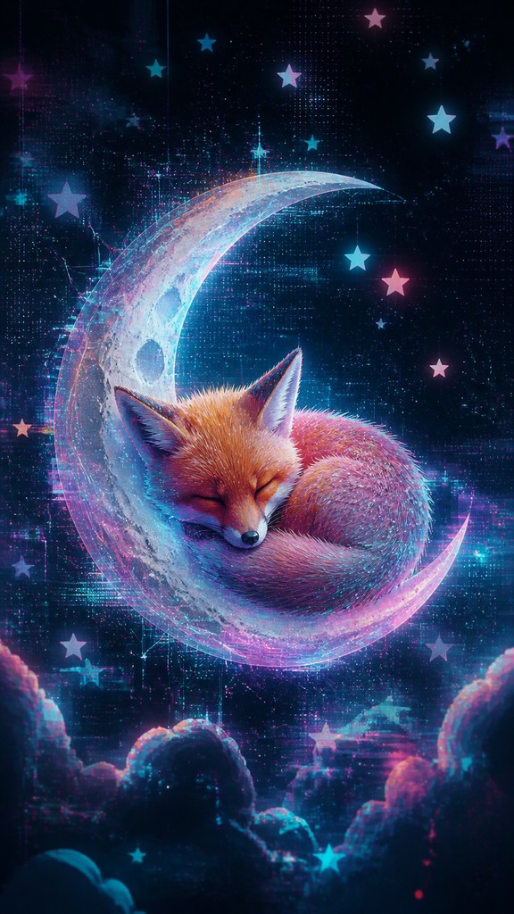 a sleeping baby fox curled on a crescent moon among soft stars, gentle and warm, no text — Augmented Reality Contemporary Art Style baby announcement