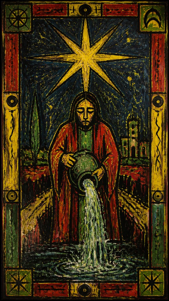 a robed figure pouring water beneath a large eight-pointed star in a night sky, symmetrical composition with an ornate decorative border, no text — Neo-Expressionism Art Style tarot card