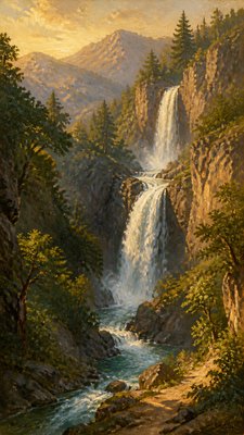 a cascading waterfall in a lush green gorge, no people — Landscape Nature Art wallpaper