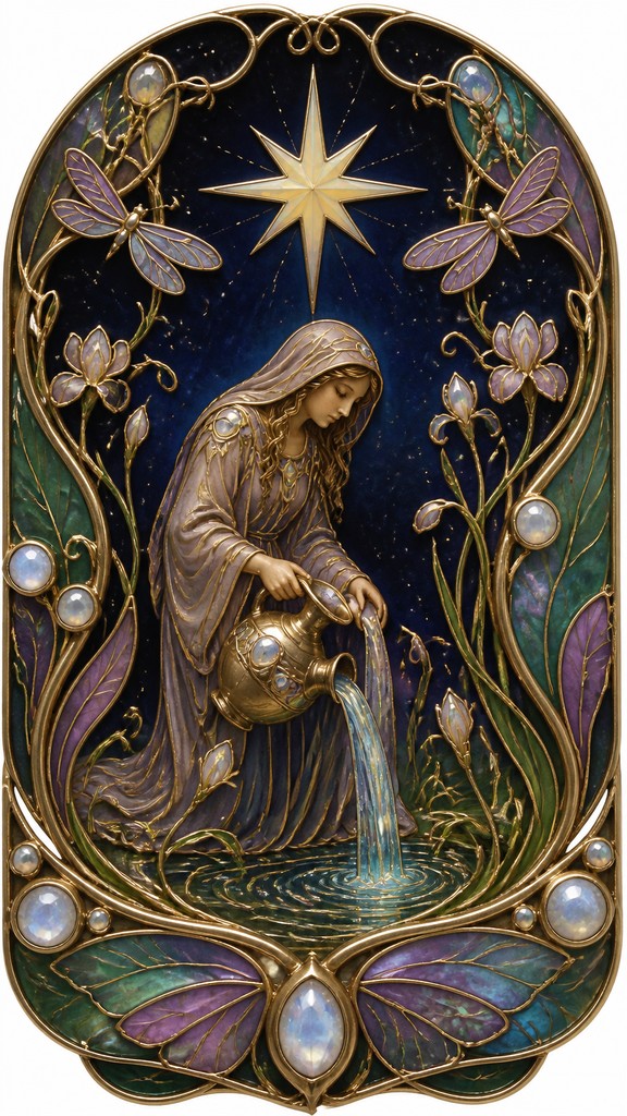 a robed figure pouring water beneath a large eight-pointed star in a night sky, symmetrical composition with an ornate decorative border, no text — Art Nouveau Jewelry Design tarot card