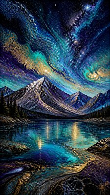 a tranquil mountain lake beneath a starry night sky, no people, no text — Fluid Abstract Art Style wallpaper