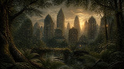 a city skyline panorama at dusk with glowing windows, no people — Forestcore Aesthetic wallpaper