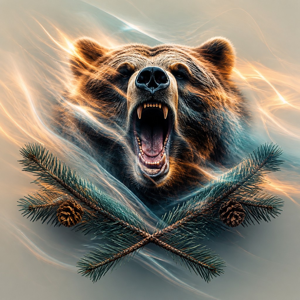 a roaring bear head above crossed pine branches, bold graphic composition on a plain background, no text — Long Exposure Photography Style t-shirt design