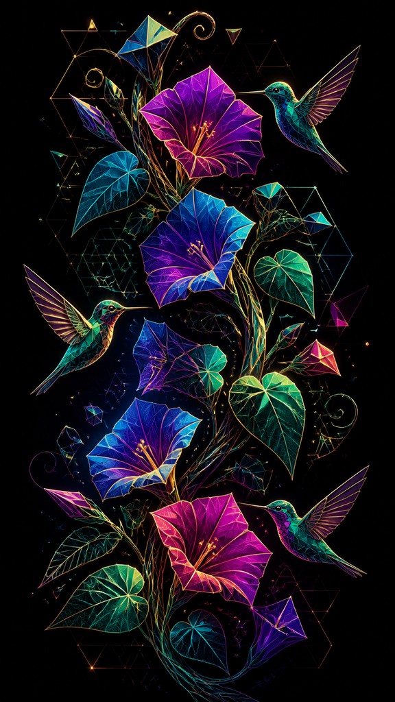 a climbing vine of flowers and hummingbirds on a dark background, tall wrapping composition, no text — Digital Geometric Art phone case design