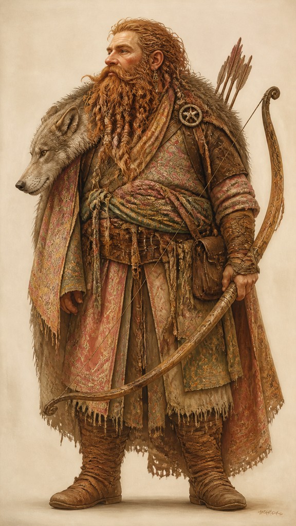 full-body original character: a dwarven ranger with a braided auburn beard, worn leather armor, a longbow and a wolf-pelt cloak, neutral background, no text — Bohemian Fashion Design tabletop character portrait
