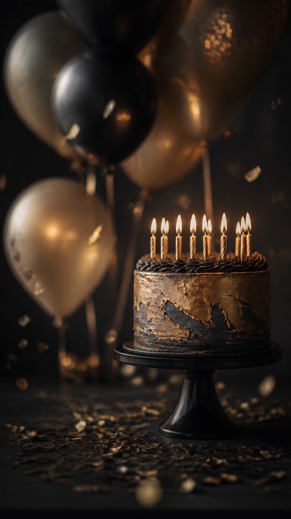 a birthday cake with lit candles surrounded by balloons and confetti, festive vertical composition, no text — Fine Art Photography Style birthday card