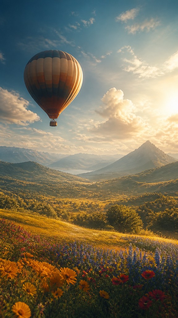 a hot air balloon drifting over rolling flower fields on a sunny day, cheerful, no text — Matte Painting Digital Art Style greeting card
