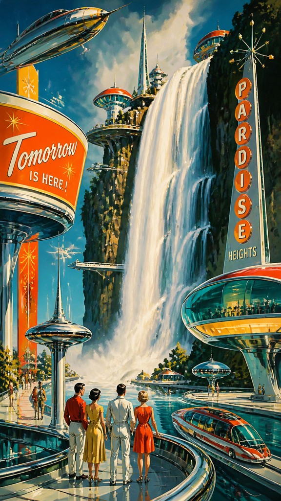 towering waterfall cascading down a cliff — Retro Futurism Sci-Fi Art