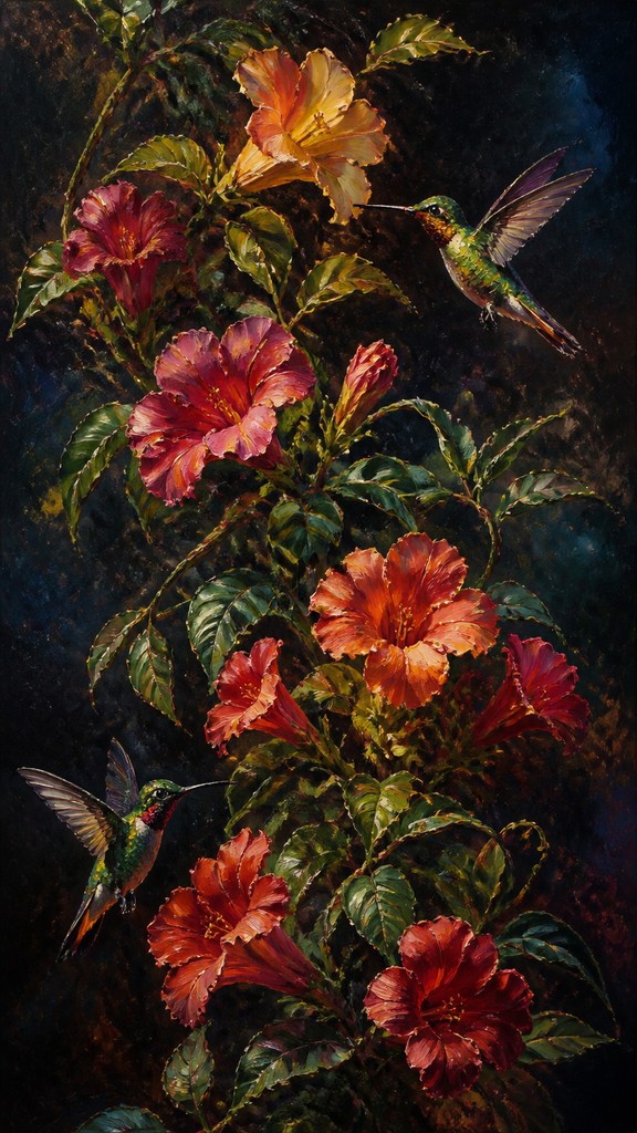 a climbing vine of flowers and hummingbirds on a dark background, tall wrapping composition, no text — Oil Portrait Art Style phone case design