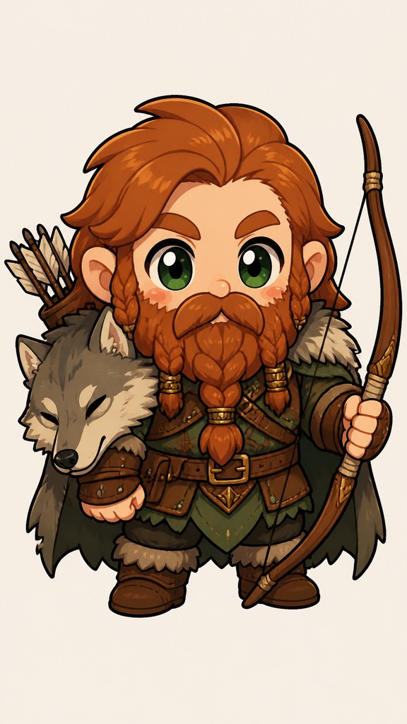full-body original character: a dwarven ranger with a braided auburn beard, worn leather armor, a longbow and a wolf-pelt cloak, neutral background, no text — Chibi Anime Art Style tabletop character portrait