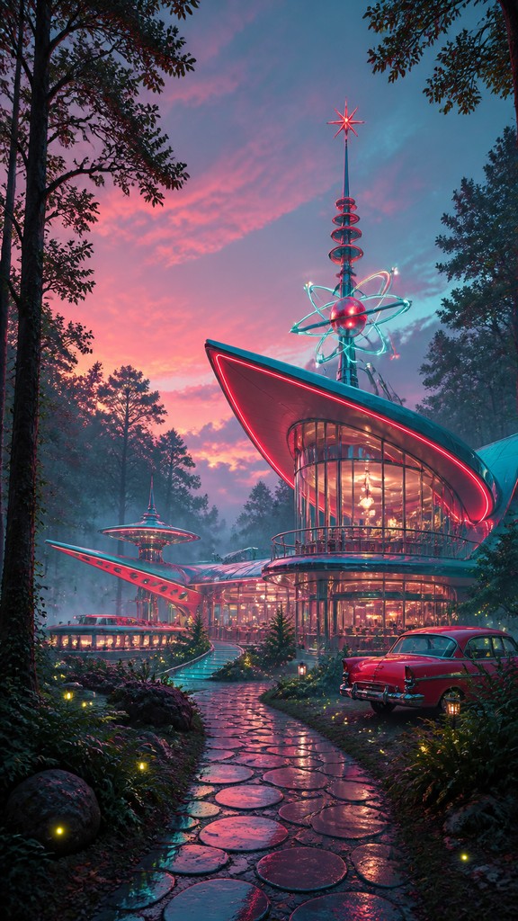 a mysterious forest path with fireflies and drifting mist, atmospheric vertical composition with open space at the top, no text — Googie Architecture book cover