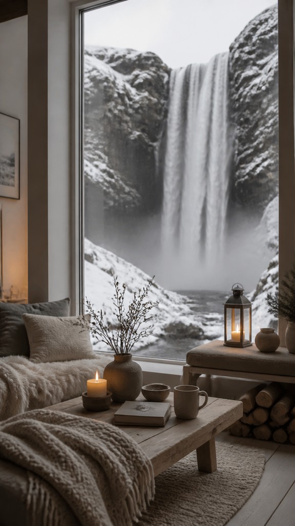 towering waterfall cascading down a cliff — Hygge Aesthetic