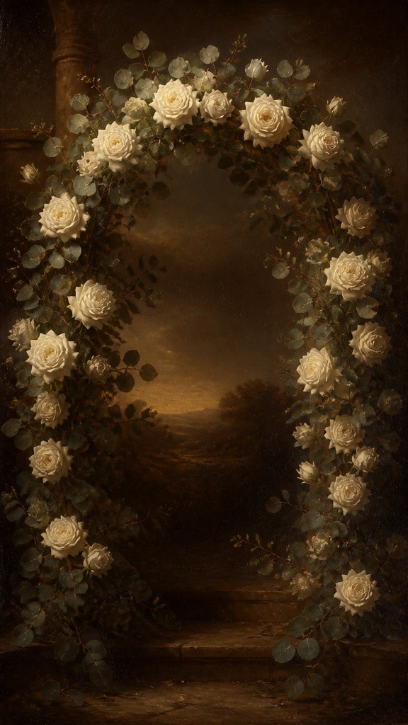 an arch of white roses and eucalyptus in soft morning light, elegant vertical composition with open space, no text — Renaissance Portrait Art Style wedding invitation