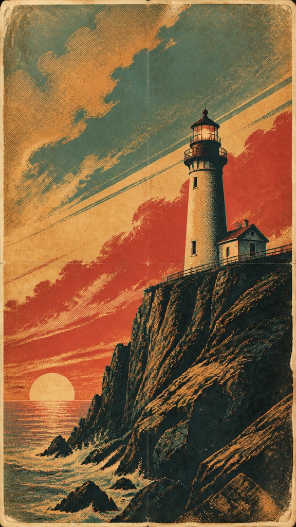 a lone lighthouse on a cliff at dusk under a dramatic sky, no text or lettering — Vintage Poster Design poster