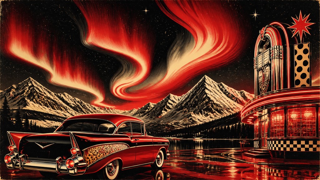 a flowing aurora over snowy peaks, wide sweeping composition, no people, no text — Rockabilly Aesthetic banner