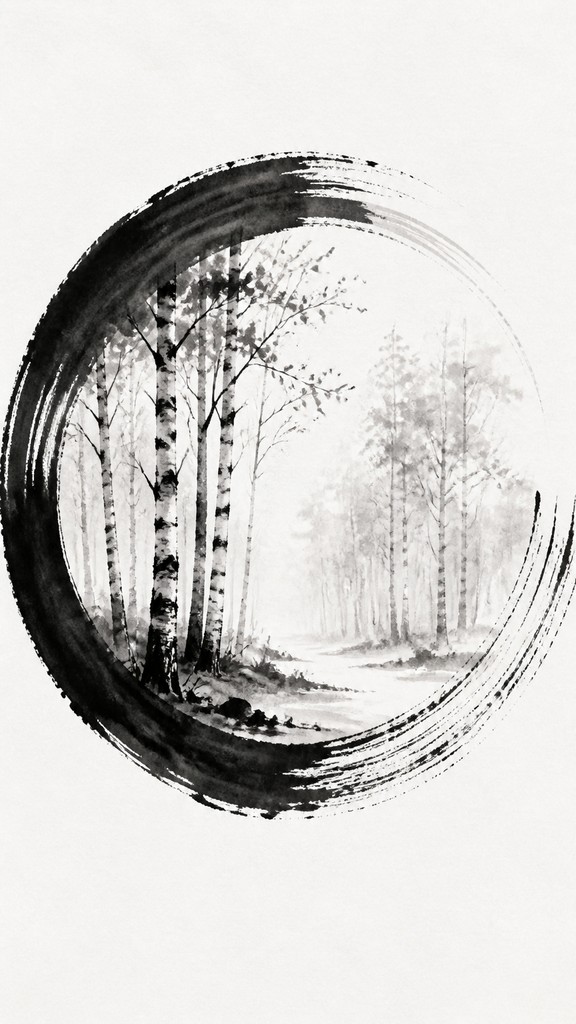 a serene birch forest in soft morning light, no people, no text — Zen Circle Minimalism Art Style wall art print