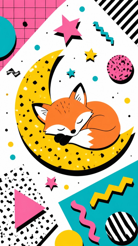 a sleeping baby fox curled on a crescent moon among soft stars, gentle and warm, no text — Memphis Design baby announcement