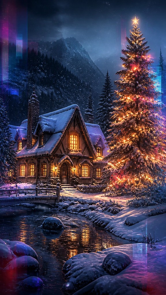 a snow-covered cottage with warm glowing windows beside a decorated pine tree, gentle snowfall, no text — Contemporary Digital Landscape Art Style Christmas card