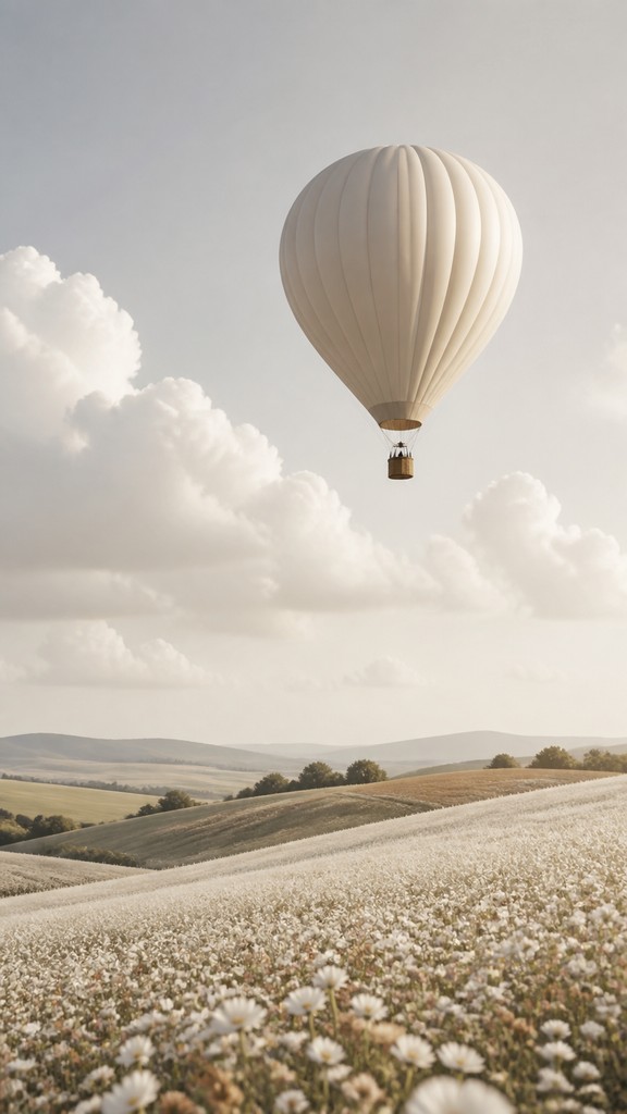 a hot air balloon drifting over rolling flower fields on a sunny day, cheerful, no text — Minimalist Fashion Design greeting card