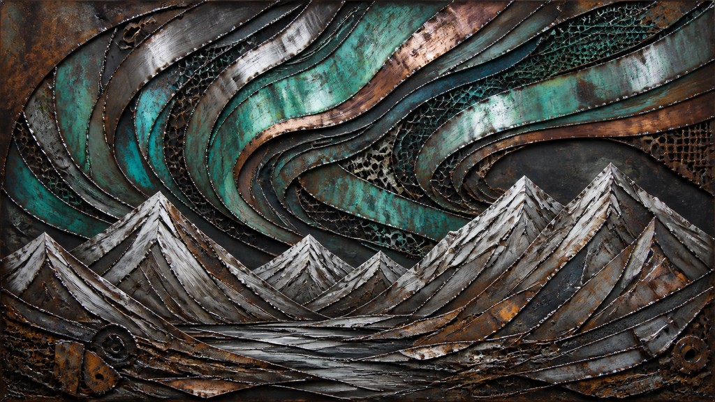 a flowing aurora over snowy peaks, wide sweeping composition, no people, no text — Metal Assemblage Sculpture Art Style banner
