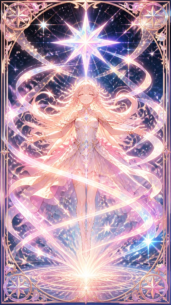 a robed figure pouring water beneath a large eight-pointed star in a night sky, symmetrical composition with an ornate decorative border, no text — Magical Girl Transformation Sequence tarot card