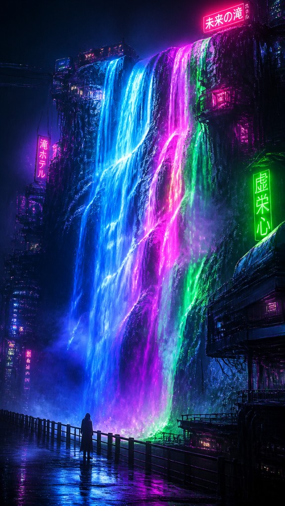towering waterfall cascading down a cliff — Cyberpunk Art Style