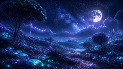 rolling hills with scattered trees under a big dramatic sky, no people — Lunarpunk Aesthetic wallpaper