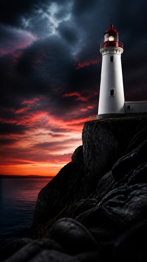 a lone lighthouse on a cliff at dusk under a dramatic sky, no text or lettering — High Fashion Photography Style poster