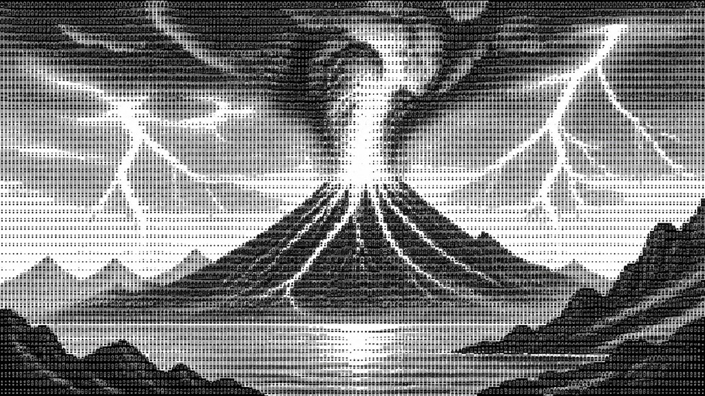 an erupting volcano with lightning strikes, dramatic wide composition, no text — ASCII Art Style YouTube thumbnail