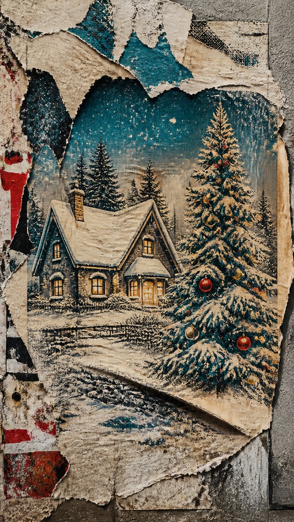 a snow-covered cottage with warm glowing windows beside a decorated pine tree, gentle snowfall, no text — Wheatpaste Poster Street Art Style Christmas card