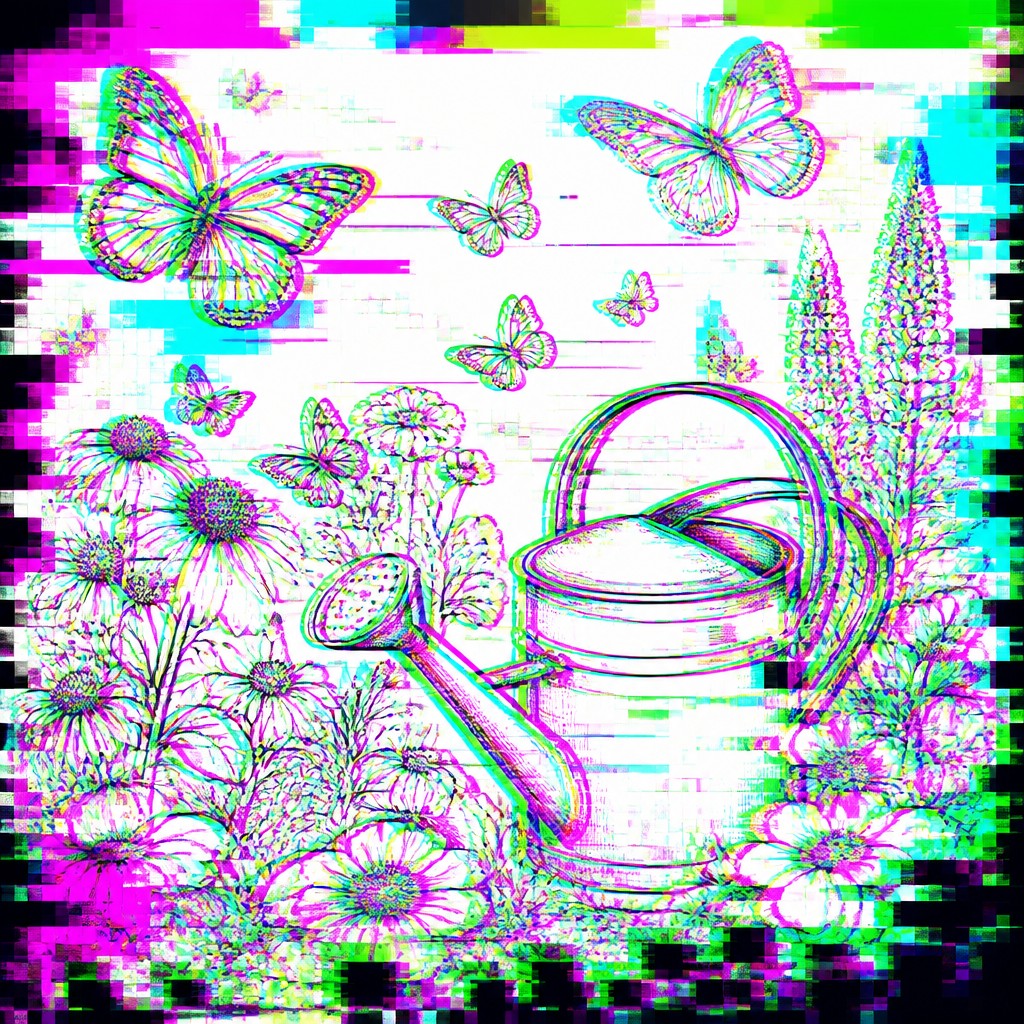 a garden scene with butterflies, flowers and a watering can, clean uncolored line art, no text — Digital Glitch Modern Art Style coloring page