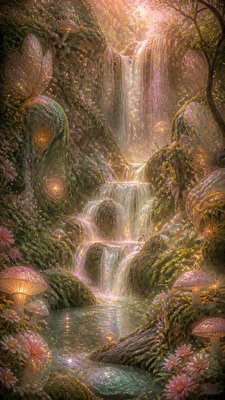 a cascading waterfall in a lush green gorge, no people — Fairycore Aesthetic wallpaper