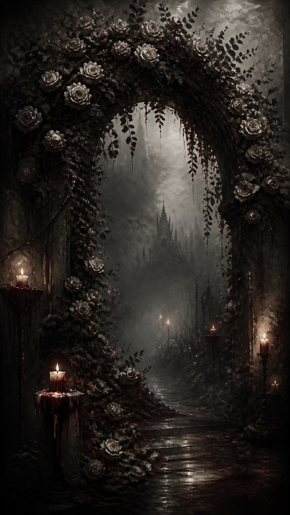 an arch of white roses and eucalyptus in soft morning light, elegant vertical composition with open space, no text — Gothic Horror Art wedding invitation