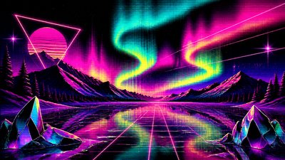 a sweeping aurora over a frozen lake, no people — 80s Retro Aesthetic wallpaper