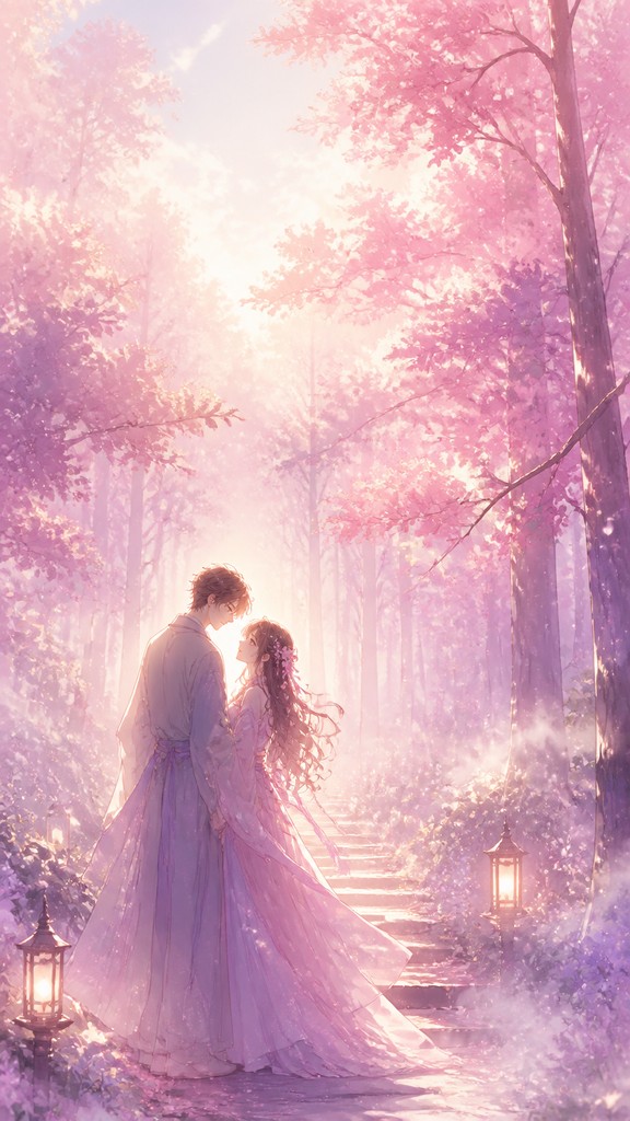 a mysterious forest path with fireflies and drifting mist, atmospheric vertical composition with open space at the top, no text — Shoujo Romance Anime Art Style book cover