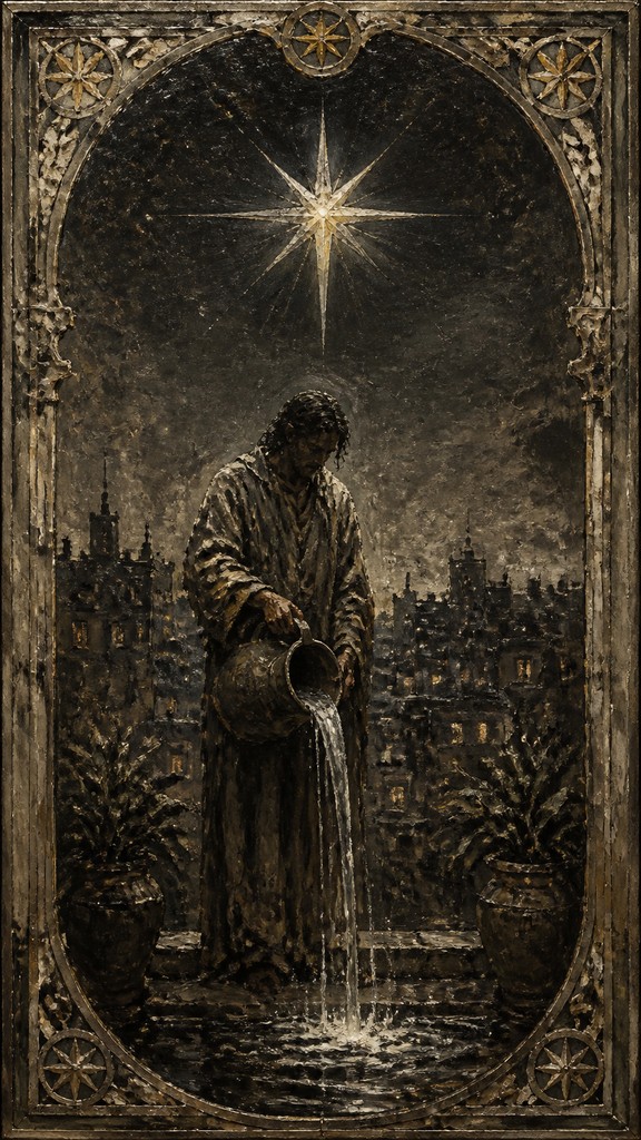 a robed figure pouring water beneath a large eight-pointed star in a night sky, symmetrical composition with an ornate decorative border, no text — Ashcan School Art Style tarot card