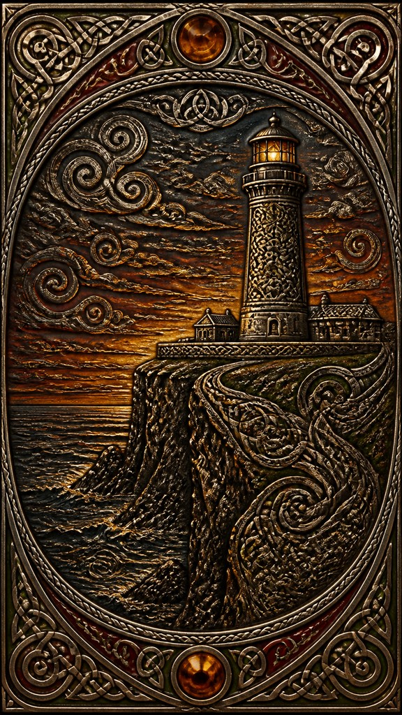 a lone lighthouse on a cliff at dusk under a dramatic sky, no text or lettering — Celtic Jewelry Design poster