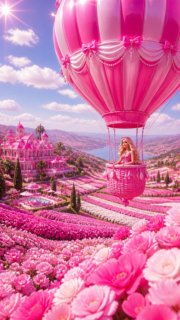 a hot air balloon drifting over rolling flower fields on a sunny day, cheerful, no text — Barbiecore Aesthetic greeting card