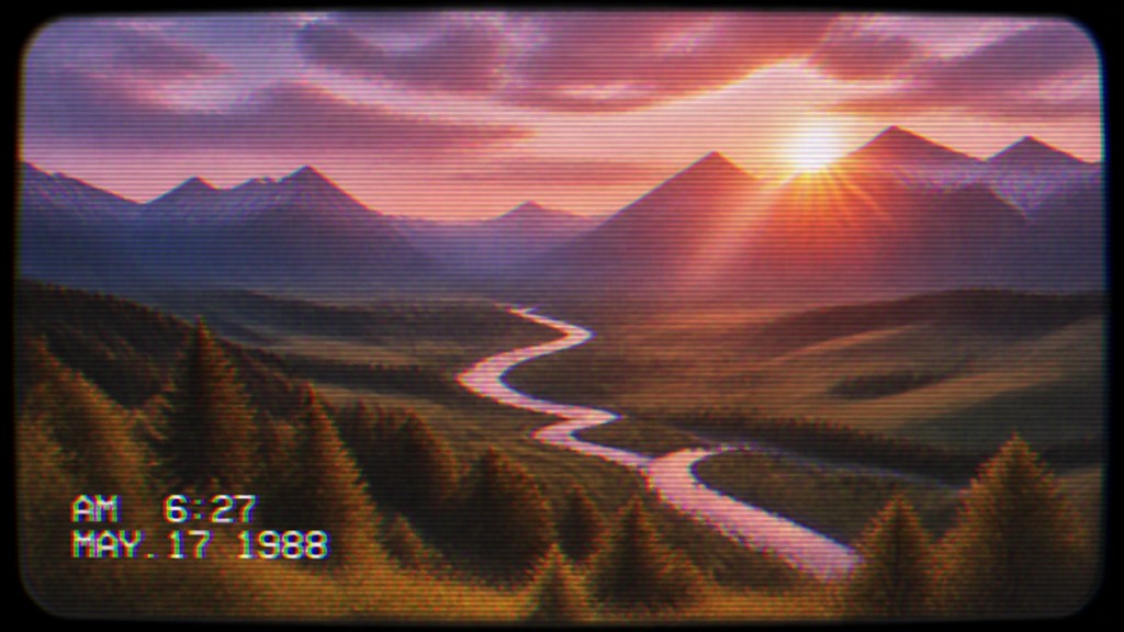 a vast valley with a river winding toward distant mountains at sunrise, no people, no text — VHS Aesthetic desktop wallpaper