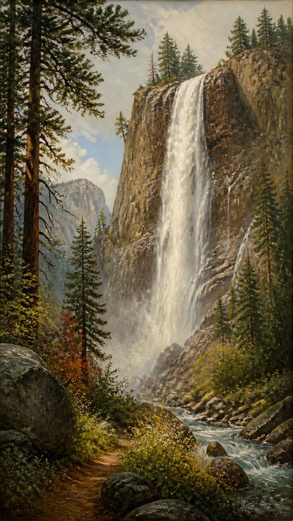 towering waterfall cascading down a cliff — Wildlife Nature Art