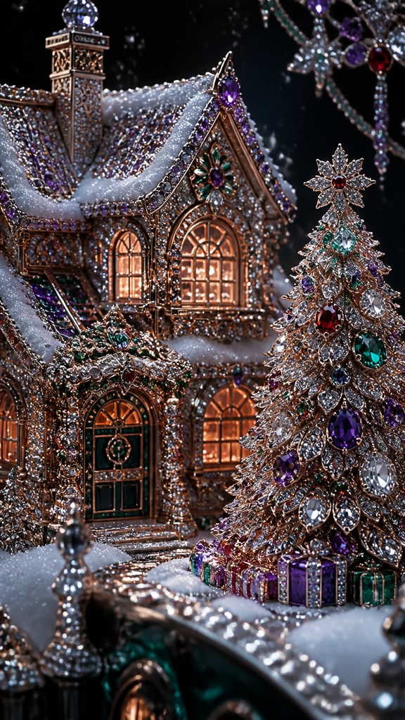 a snow-covered cottage with warm glowing windows beside a decorated pine tree, gentle snowfall, no text — Luxury High Jewelry Design Christmas card