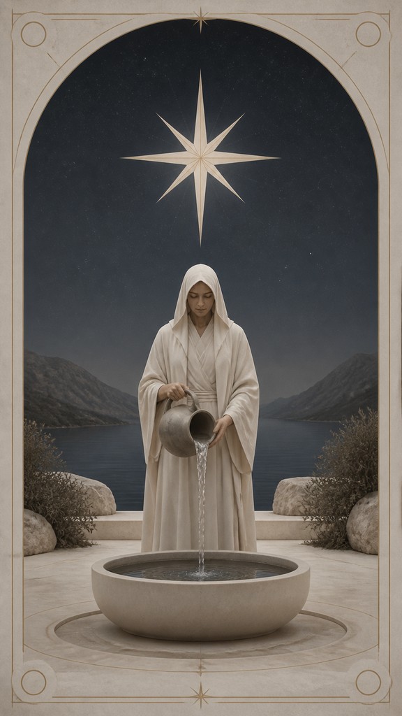 a robed figure pouring water beneath a large eight-pointed star in a night sky, symmetrical composition with an ornate decorative border, no text — Minimalist Fashion Design tarot card