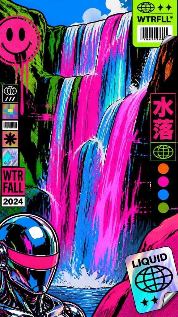 towering waterfall cascading down a cliff — Neo-Pop Art Style