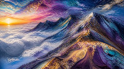 a wide alpine ridge above a sea of clouds, no people — Fluid Abstract Art Style wallpaper