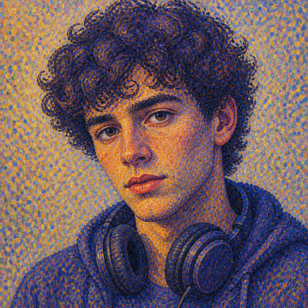 head-and-shoulders portrait of an original character: a young man with curly dark hair and headphones around his neck, plain backdrop, no text — Pointillist Impressionism Art Style Discord profile picture
